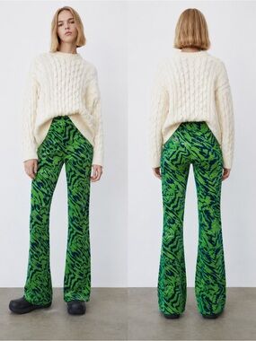 ZARA Blogger Favorite Green Navy Velvet Flare Pants Abstract Print S